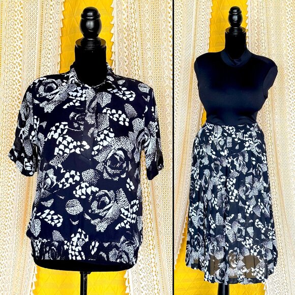 Vintage Alfred Dunner Sheer Black and White Rose Blouse & Skirt Set Size 8 & 10 - Picture 1 of 17